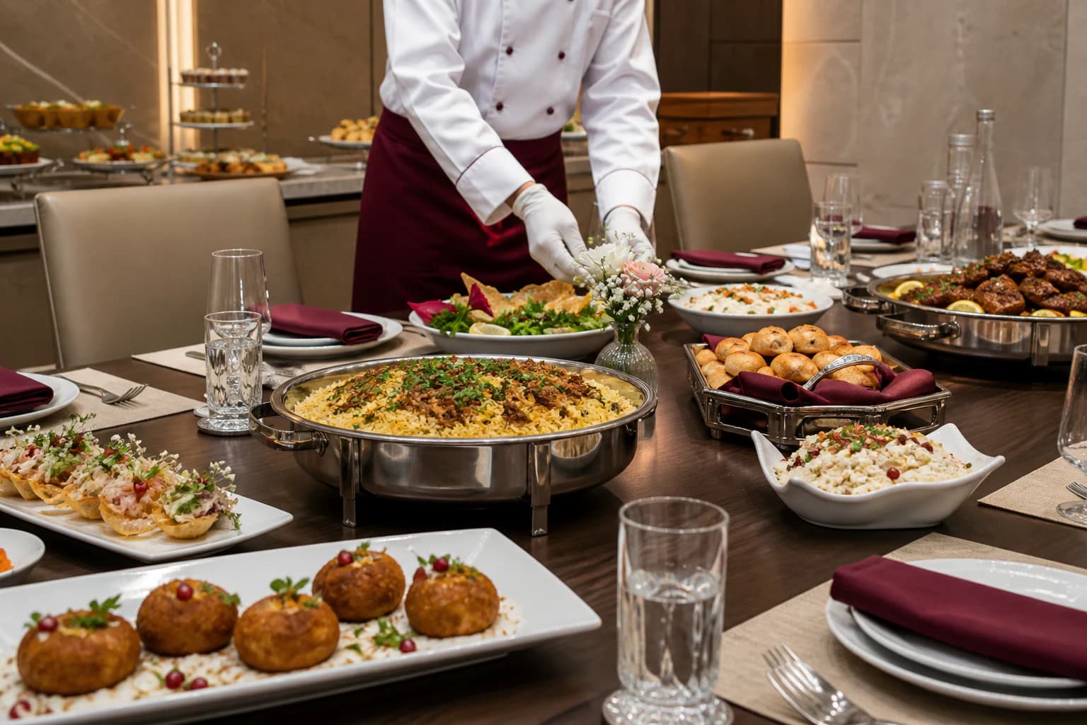 Executive boardroom dining table prepared with Arabic and Continental dishes by a face-free catering team