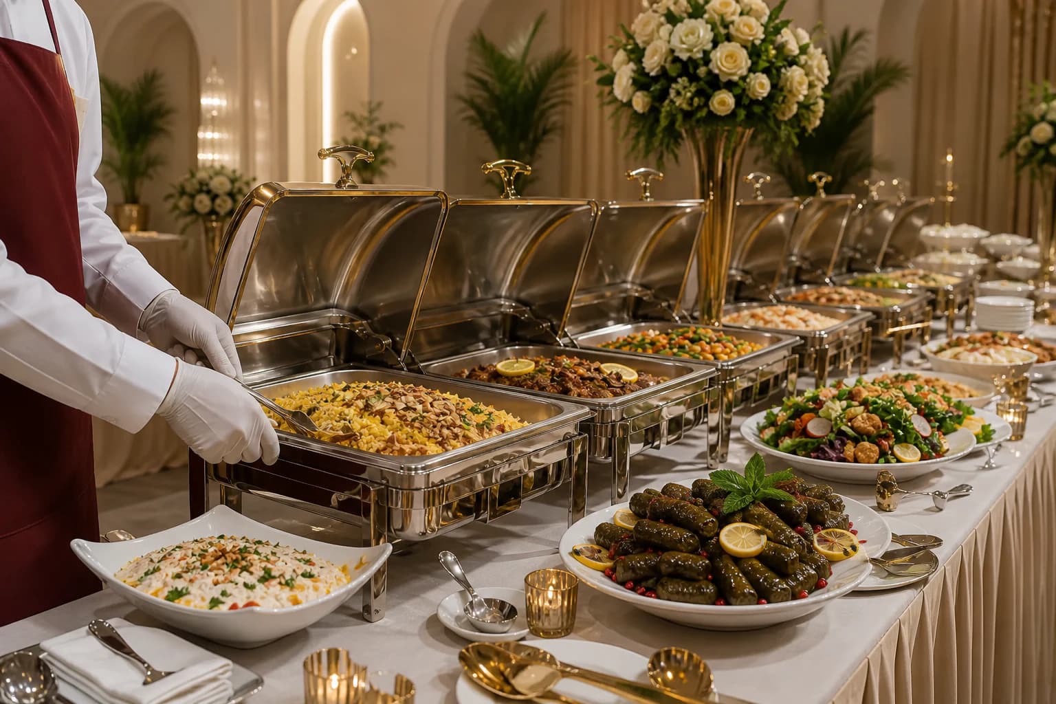 Formal event buffet with polished chafing dishes and a face-free server replenishing the display
