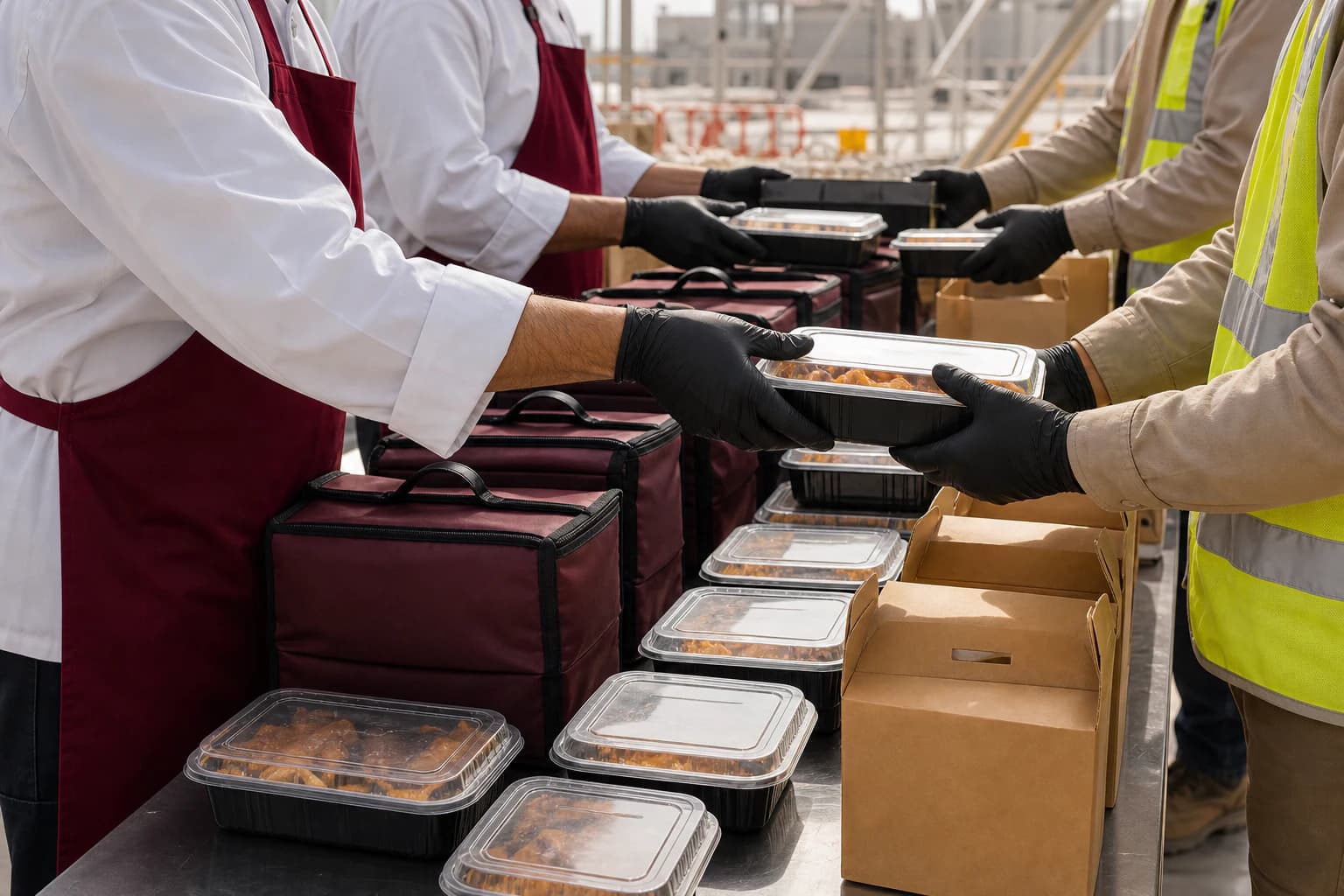 Caterers handing packed meals to project-site workers, shown from the shoulders down