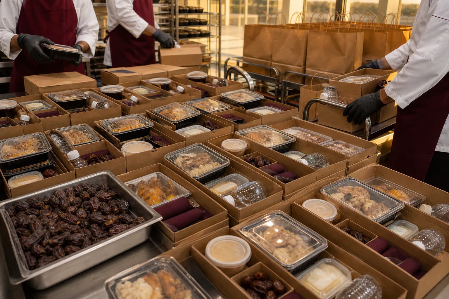 Large Iftar meal campaign with dates, water, hot meals, and face-free staff preparing orders